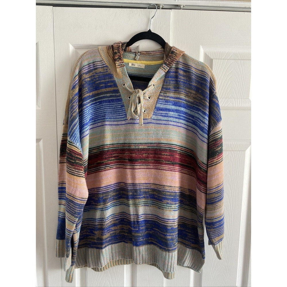 OVLA Striped Lace Up Hoodie Womens Size 2X Multi Color Boho Knit Sweater Earthy